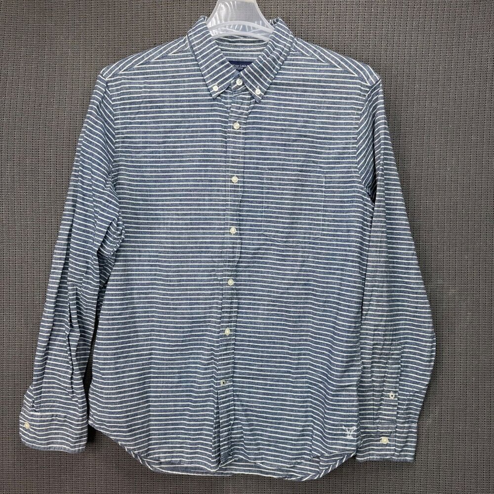 American Eagle Mens L Blue & White Striped Prep Fit Button-Down Shirt Long Sleev